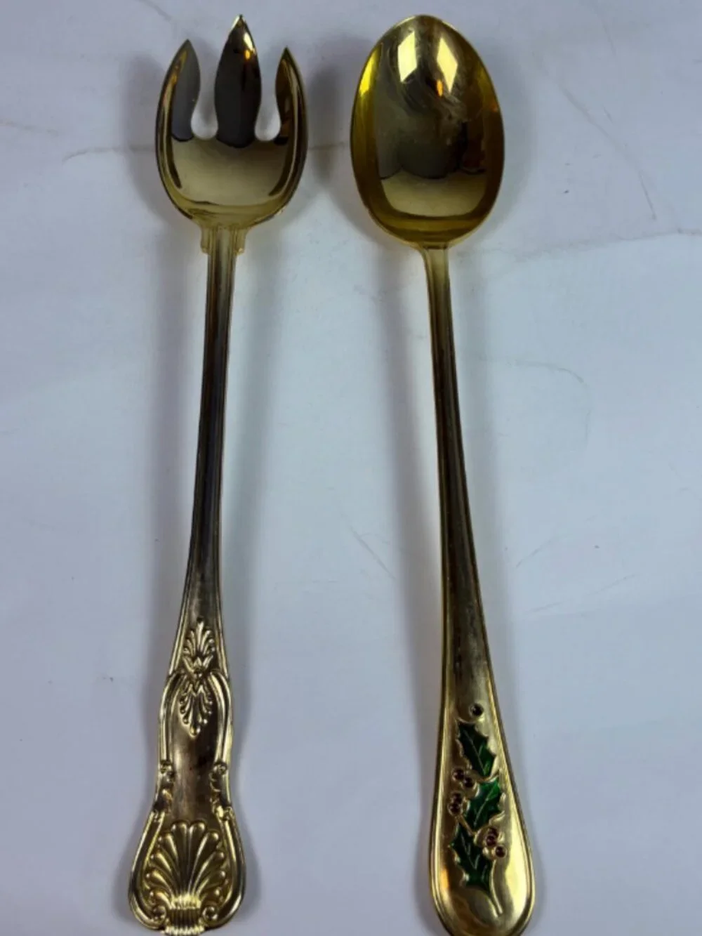 Vintage Gold Tone Salad Serving Set F.B. Rogers Italy Spoon Fork Holly Christmas